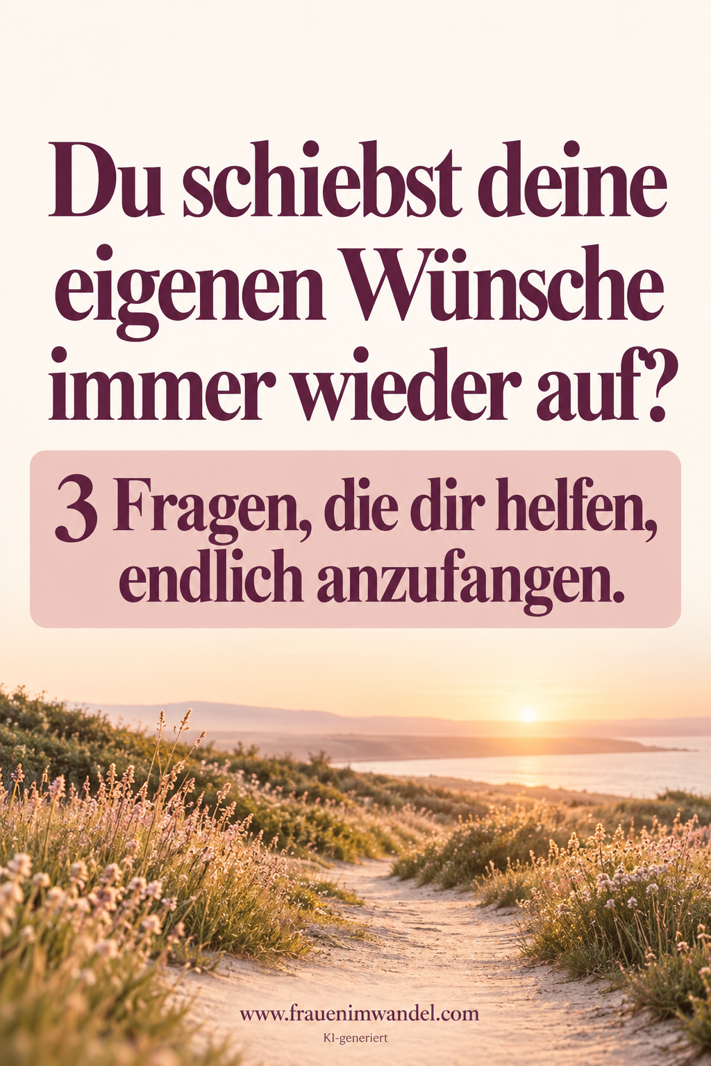 Pinterest-Pin mit der Frage „Du schiebst deine eigenen Wünsche immer wieder auf?“ und dem Hinweis „3 Fragen, die dir helfen, endlich anzufangen.“ Im Hintergrund führt ein Weg durch eine blühende Landschaft in Richtung Sonnenuntergang.