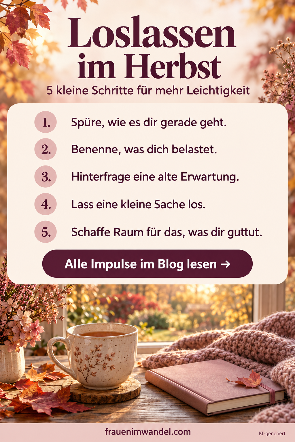 Herbstliche Grafik mit fünf Schritten zum Loslassen: Gefühle wahrnehmen, Belastungen benennen, Erwartungen hinterfragen, eine kleine Sache loslassen und Raum für Wohltuendes schaffen. Darunter eine Teetasse, ein altrosa Notizbuch und eine Strickdecke.
